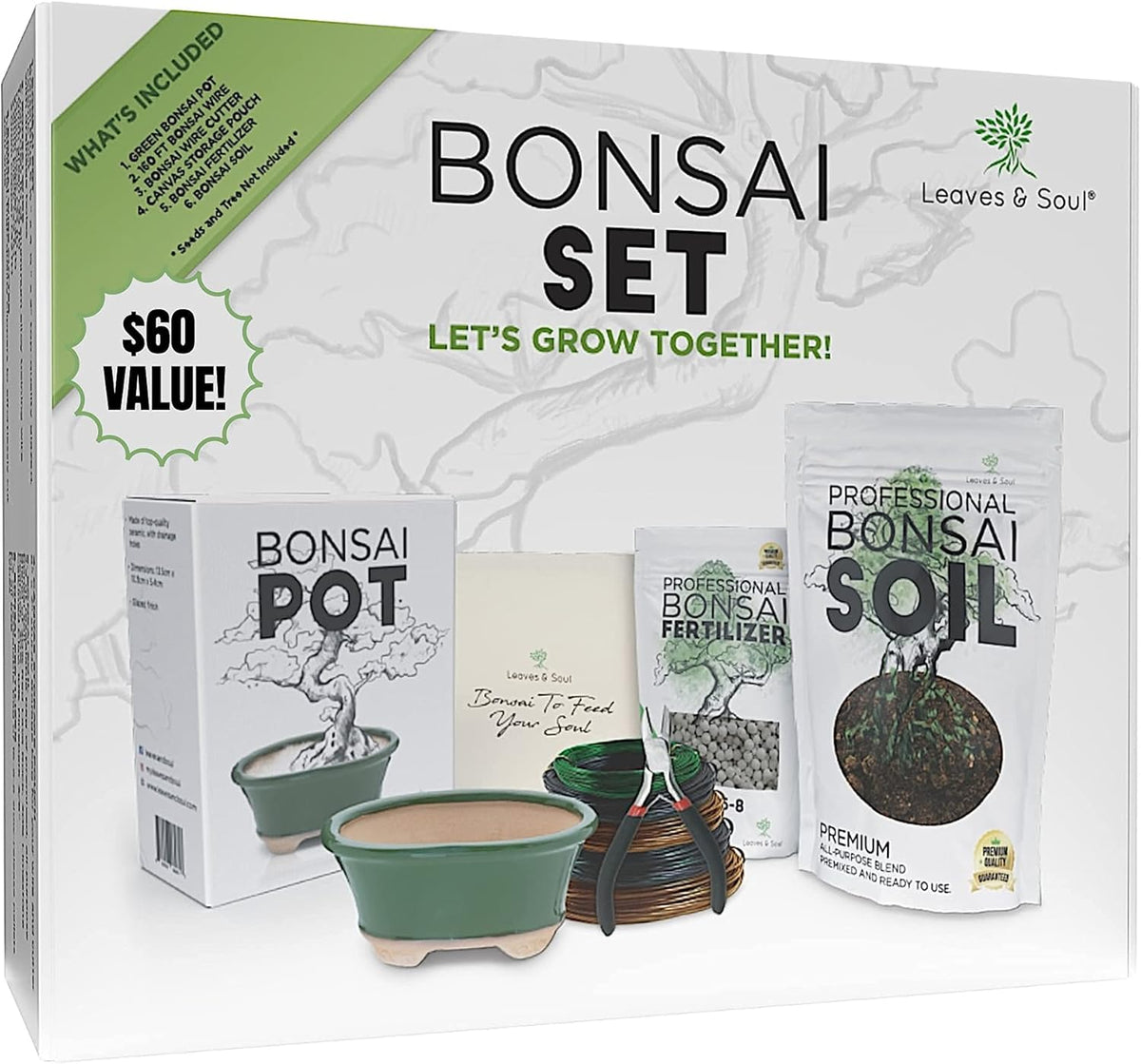 Complete Bonsai Set - Small Green Oval Bonsai Pot with Soil, Fertilizer Pellets, 160ft of Bonsai