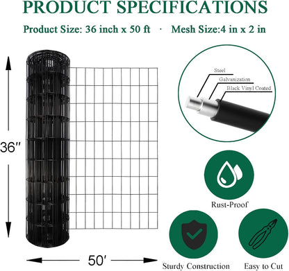 Black PVC Coated Welded Wire Fence 36 Inch x 50 Foot, 2 Inch x 4 Inch 14GA, Garden Border Fencing