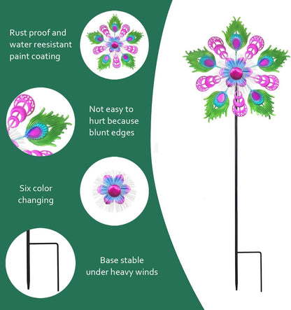 Solar Peacock Wind Spinners for Yard and Garden, 40 Inch Solar Windmill Garden Whirligig Kinetic