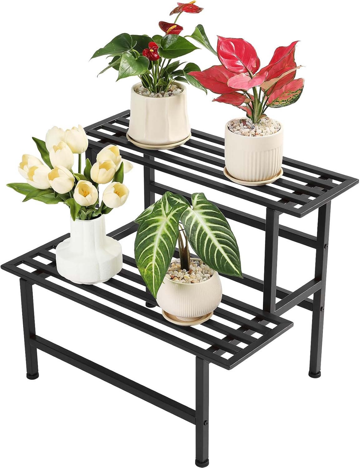 Metal Plant Stand Outdoor Plant Shelf Indoor,2 Tier Heavy Duty Ladder Plant Stands for Multiple