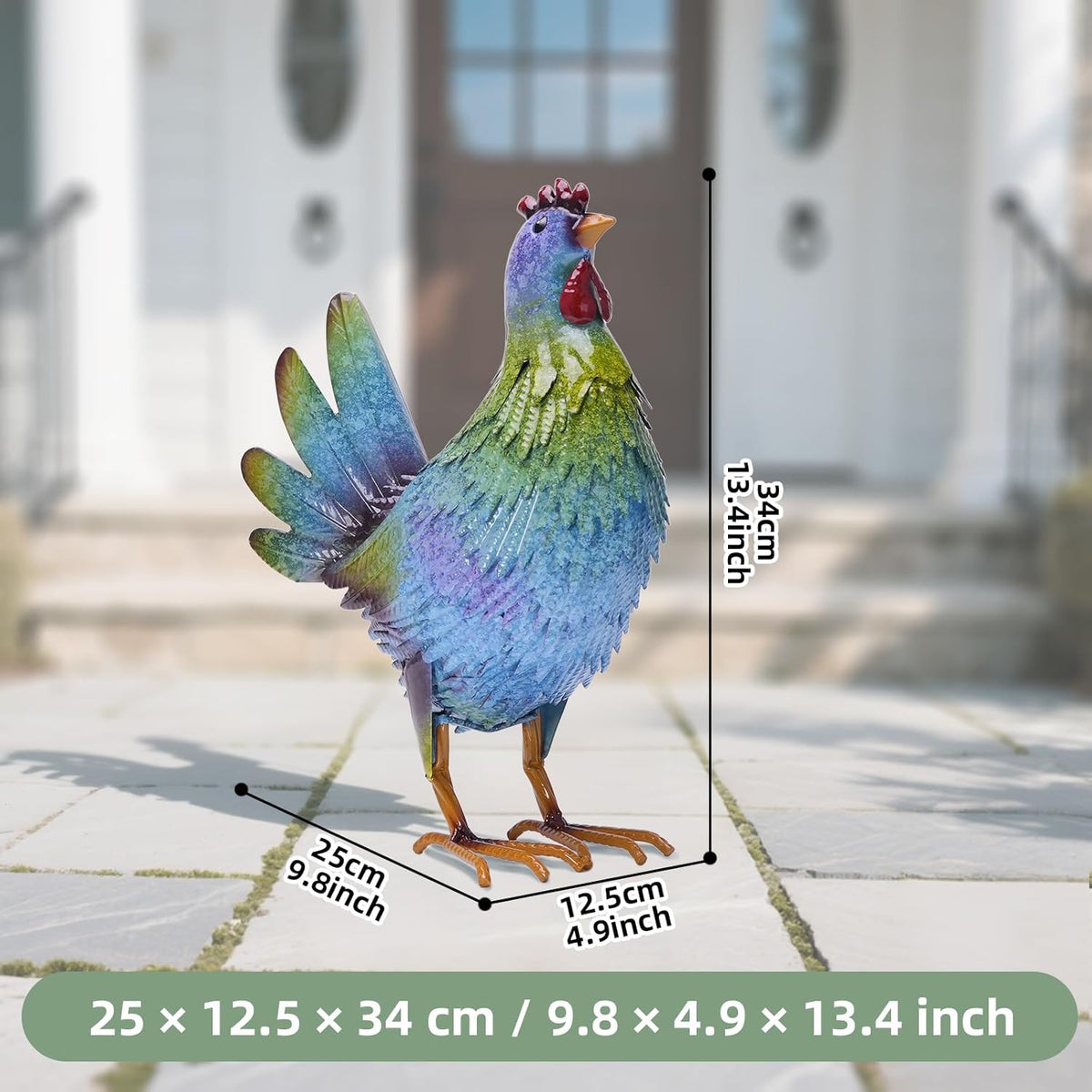 13.4" Metal Blue Chicken Garden Sculptures & Statues for Outdoor Garden Decorations ,Hen Statue for