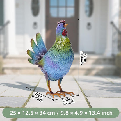 13.4" Metal Blue Chicken Garden Sculptures & Statues for Outdoor Garden Decorations ,Hen Statue for