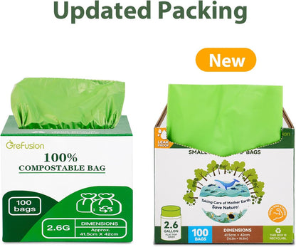 GreFusion 2.6 Gallon Compostable Trash Bags, 100 Count, Extra Thick 0.71 Mil, Certified by BPI and