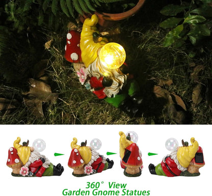 Garden Gnome Statue Outdoor Decor, Funny Gnome Figurine Lying on Mushroom with Crackle Globe