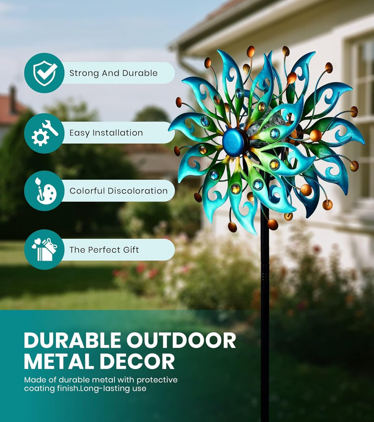 Solar Wind Spinners Outdoor – H63xW13 Metal Kinetic Garden Spinner with Crackle Glass Ball &