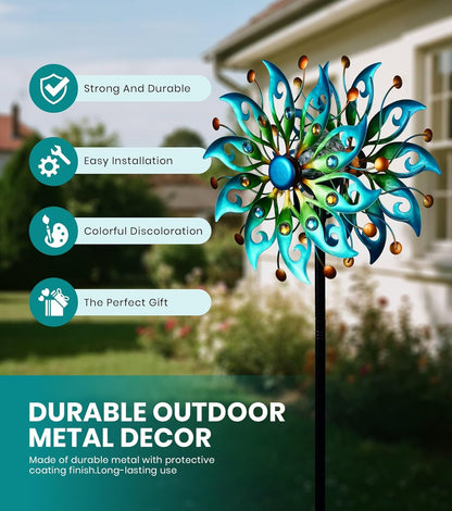 Solar Wind Spinners Outdoor – H63xW13 Metal Kinetic Garden Spinner with Crackle Glass Ball &