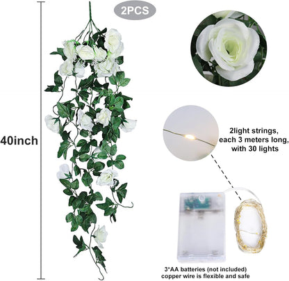 RECUTMS Artificial Plants Hanging 2Pieces 3.3Ft Rose Plant Flowers Vines Wedding (White)