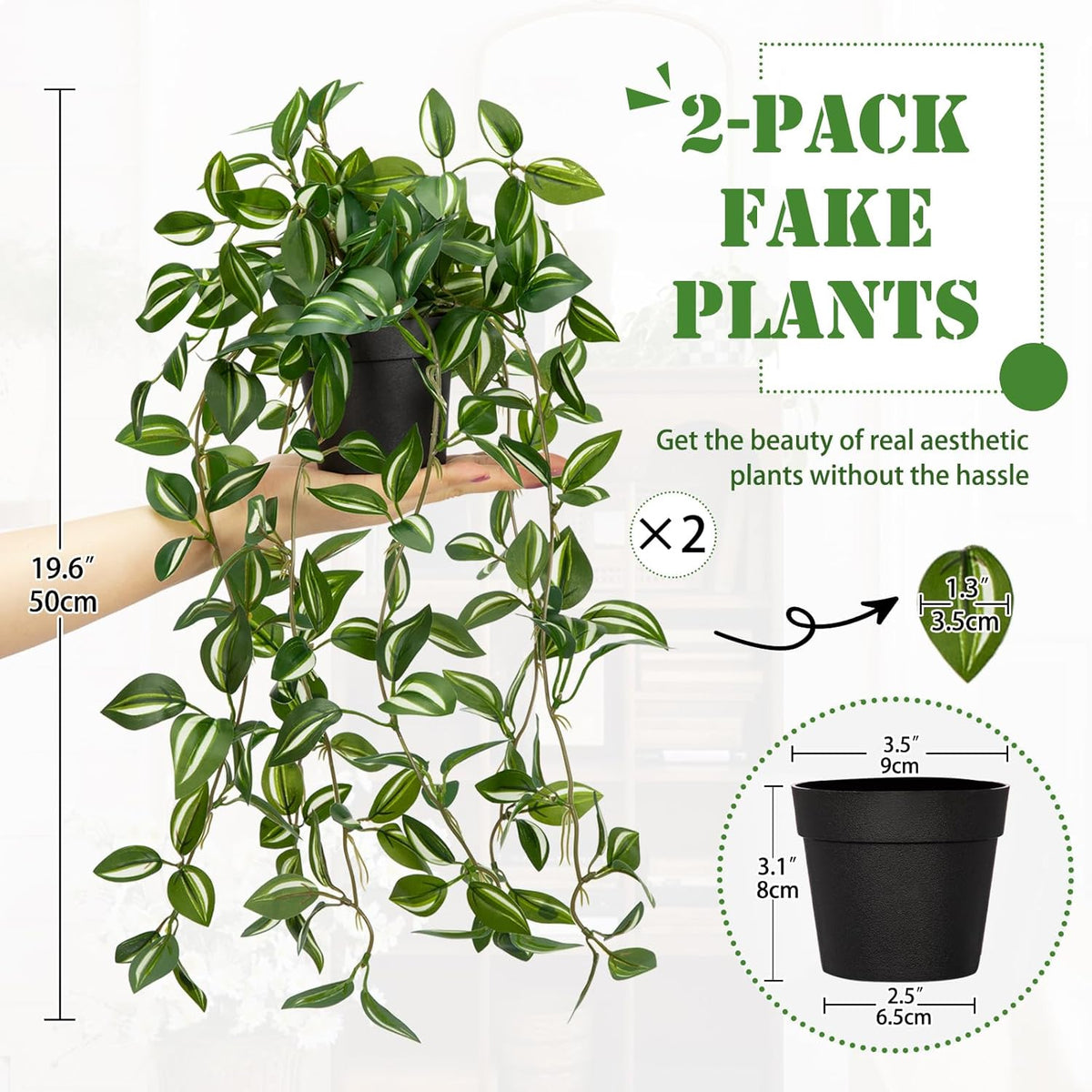 2 Pack Fake Hanging Plants for Shelf in Back Pot, Small Artificial Hanging Ivy Vine Plants Indoor