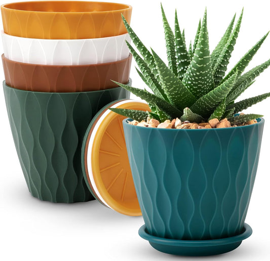 6 inch Plant Pots, 5 Pack Flower Pots Outdoor Indoor, Planters with Drainage Holes and Tray