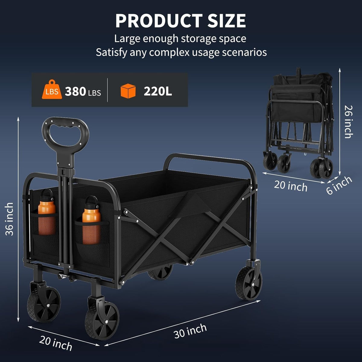 Collapsible Wagon Cart 380Lbs Capacity, Foldable Utility Portable Beach Wagon with All-Terrain