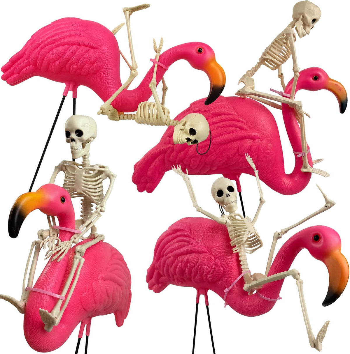 GIFTEXPRESS 8‑Piece Halloween Yard Decorations – 4 Posable 16 inch Skeletons + 4 Pink Flamingo Lawn