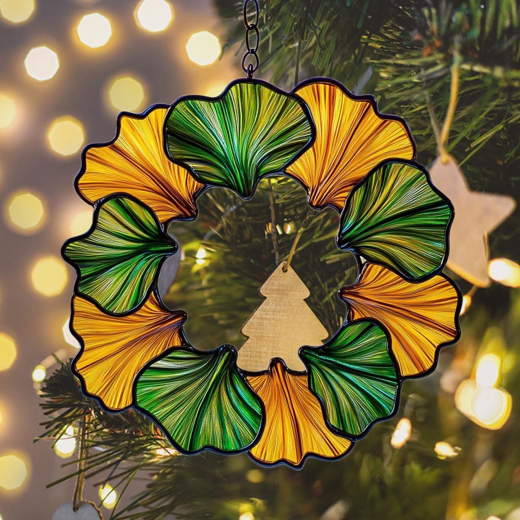 Ginkgo Wreath Acrylic Suncatcher Stained Glass Effect Window Car Hanging Christmas Ornament Indoor