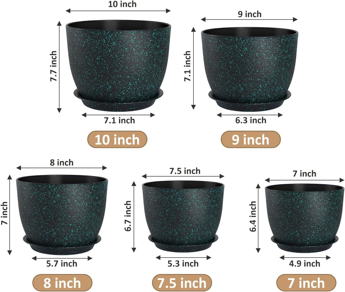 Plant Pots 10/9/8/7.5/7 inch Set of 5,Flower Pots with Multi Mesh Drainage Holes, Large Planters