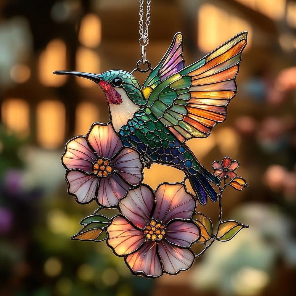 Flower and Hummingbird Acrylic Suncatcher Stained Glass Effect Window Car Hanging Christmas