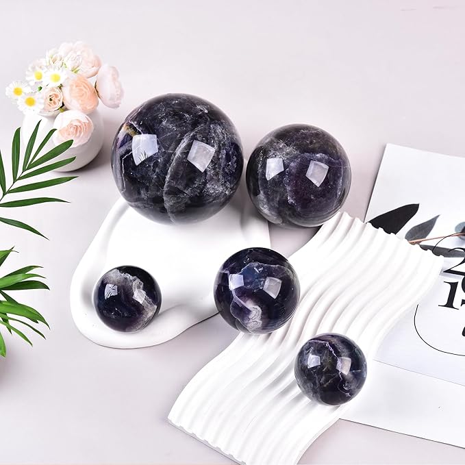 JIC Gem Colorful Fluorite Crystal Ball with Wooden Stand Healing Crystal Sphere Ball for Feng Shui