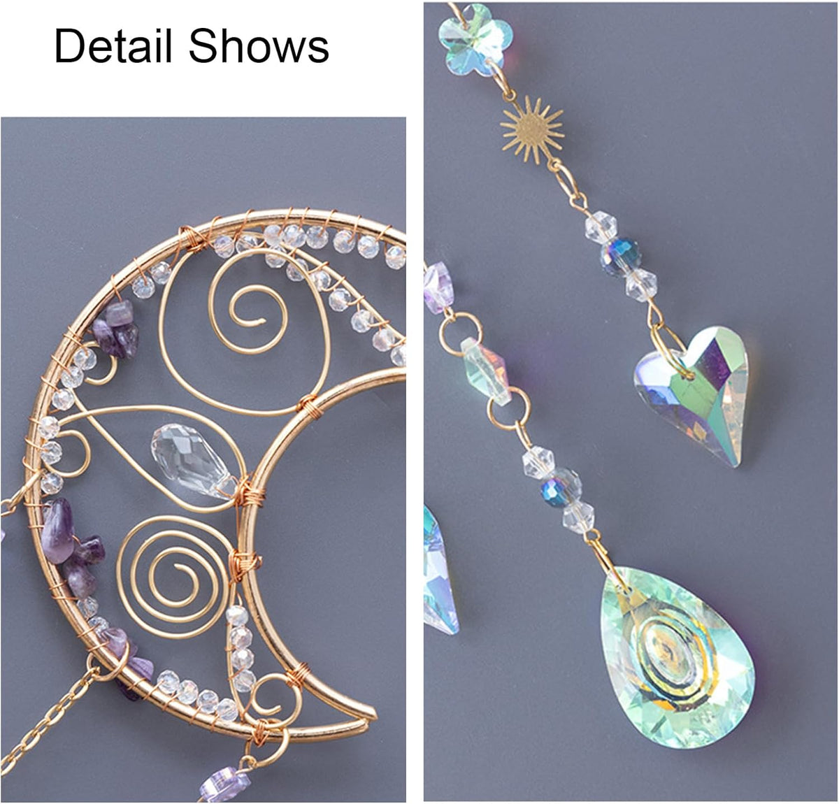 TUOKING Crystal Moon Suncatchers for Window Hanging Natural Healing Stones Wind Chimes Sun Catcher