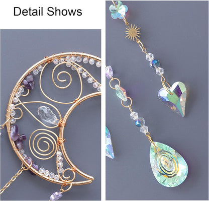 TUOKING Crystal Moon Suncatchers for Window Hanging Natural Healing Stones Wind Chimes Sun Catcher