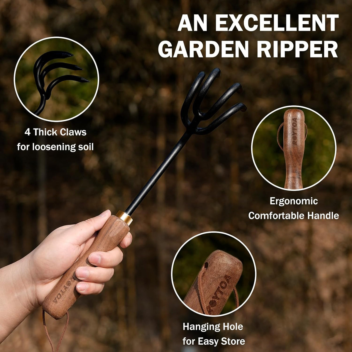 Hand Cultivator Rake, Ergonomic Small Garden Rake with Walnut Handle & 4 Durable Tines, Garden