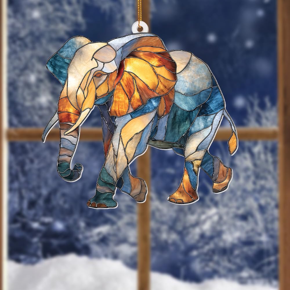 Elephant Ornament Stained Glass Style Acrylic – Window Hanging Suncatcher, Elephant Gifts for