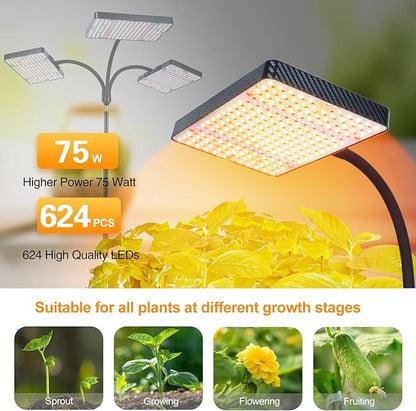 3-Head Grow Light with Stand 75W, FECiDA 2025 Grow Lights for Indoor Plants, Full Spectrum LED