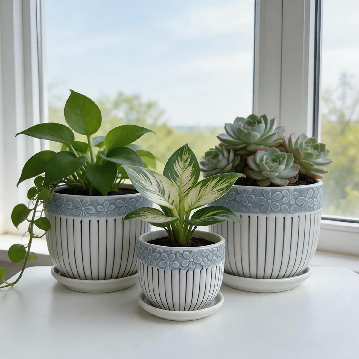 FOLKLORE13 Vintage Flower Pots for Indoor Plant, Round Ceramic Plant Pots with Drainage Holes and