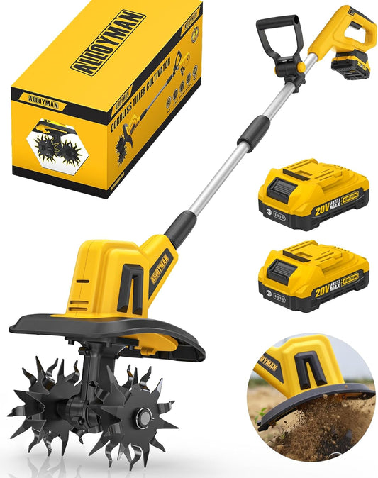 Alloyman 20V Cordless Tiller Cultivator, 360RPM Electric Garden Tiller, with 2 * 2.0Ah Batteries &