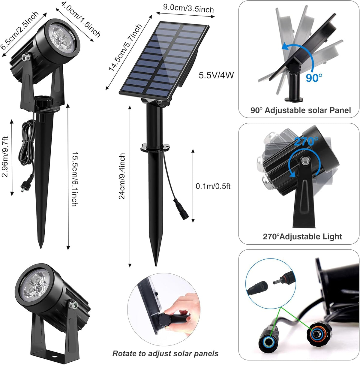 Blue Solar Spot Lights Outdoor,2 Pack Solar Landscape Spotlights IP65 Waterproof 9.8ft Cable, Auto