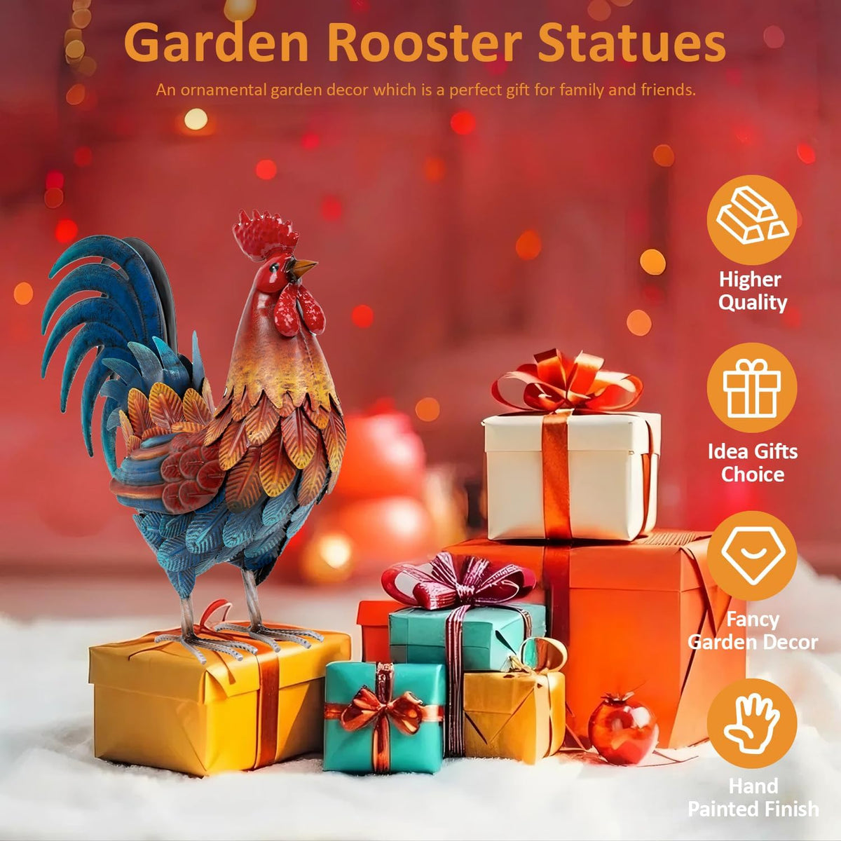 Kircust Metal Rooster Yard Art Statue, Chicken Garden Animals Sculpture Lawn Ornament Figurines
