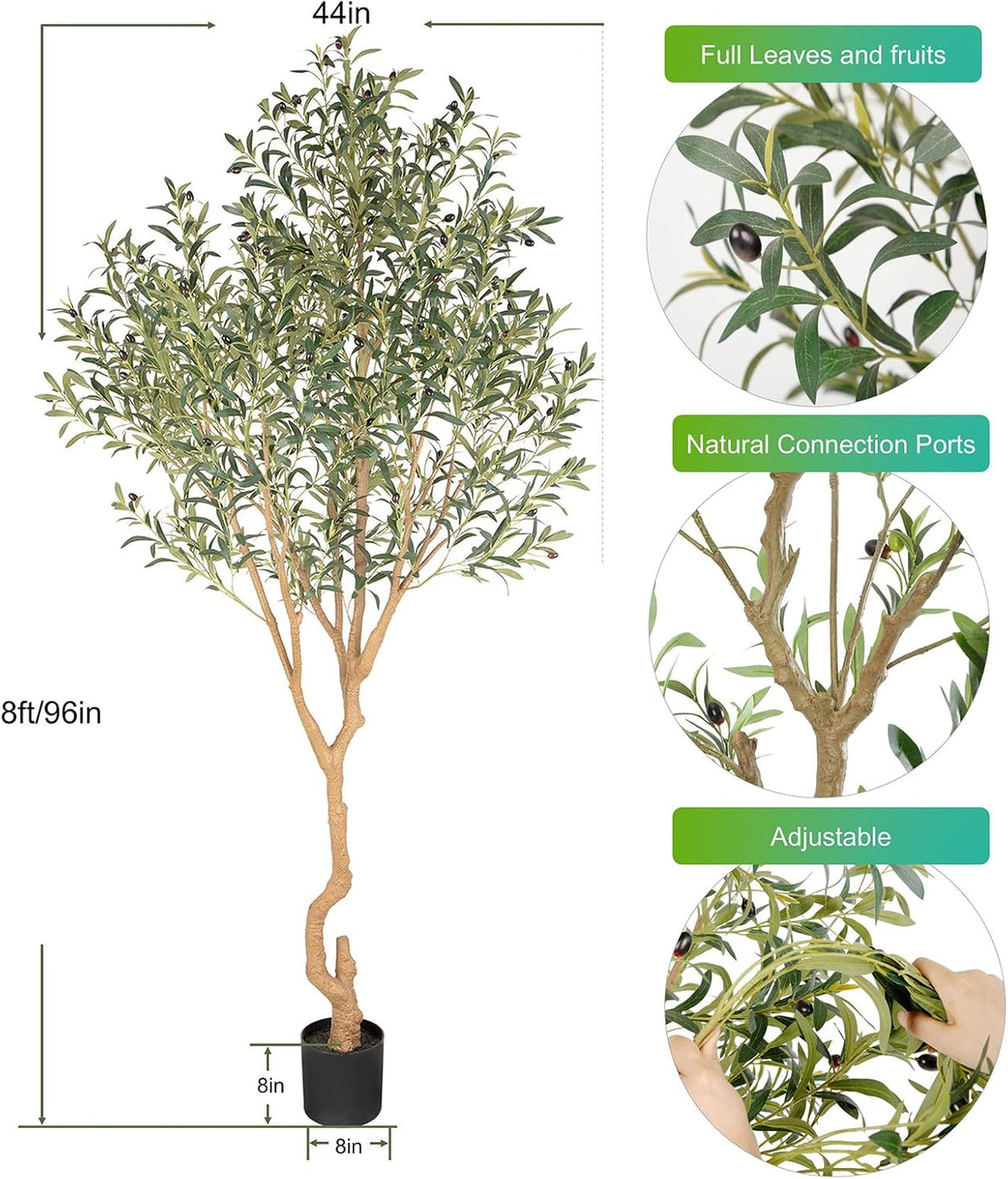 Tall Faux Olive Tree，8ft（96in） Realistic Potted Silk Artificial Olive Tree， Fake Olive Trees Indoor
