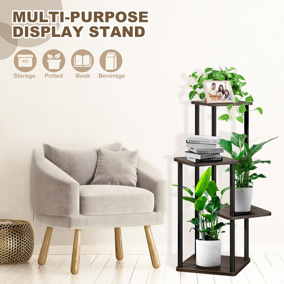 4 Tier Wood Tall Plant Stand Metal Rack Indoor, Multiple Flower Pot Holder Shelves Corner Rack