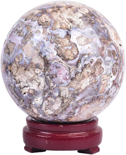 JIC Gem Large Blue Cherry Blossom Agate Crystal Ball with Stand Crystal Sphere Natural Sakura