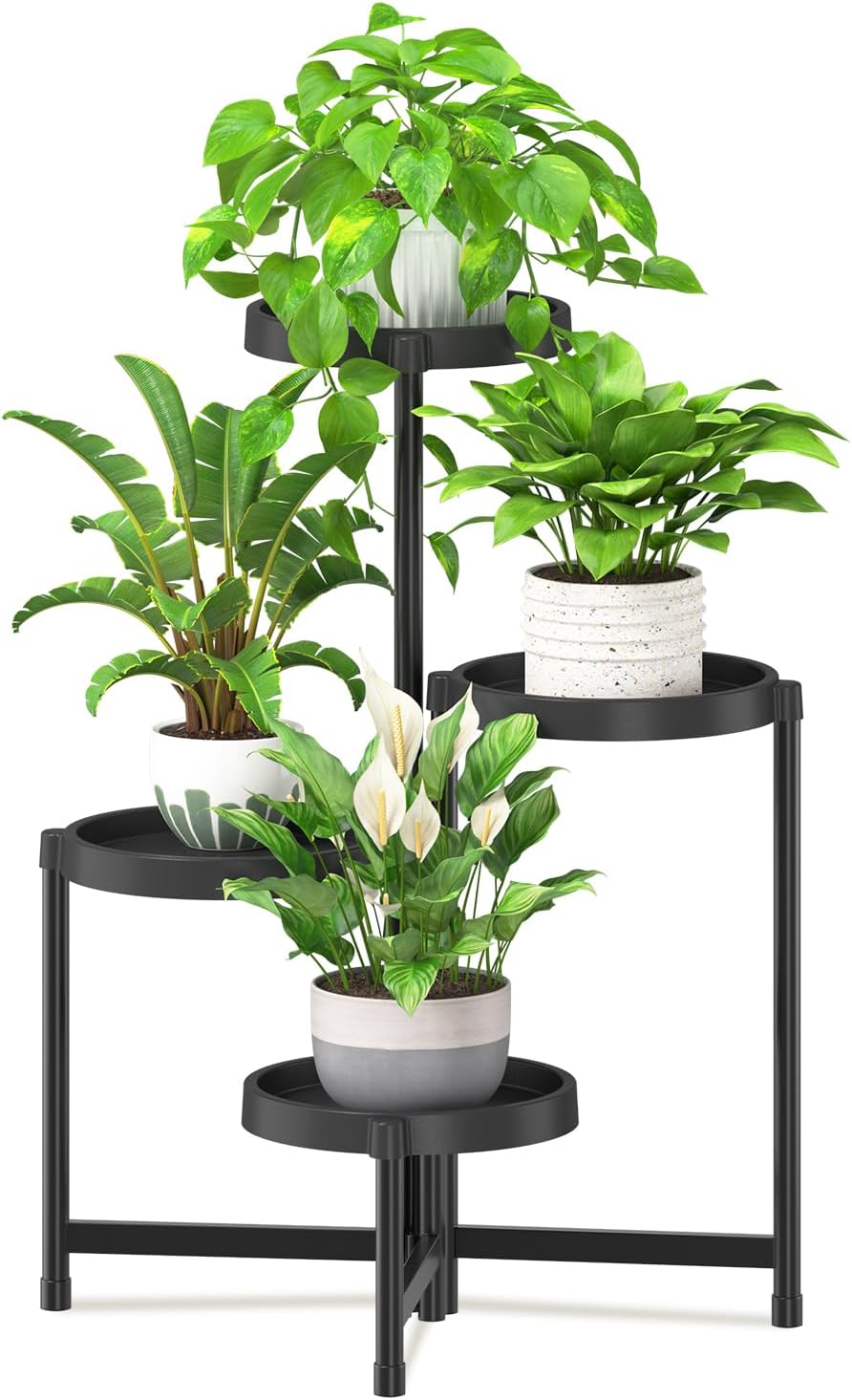 iDavosic.ly 4 Tier Folding Plant Stand Indoor Outdoor with Plastic Tray, Tiered Corner Flower