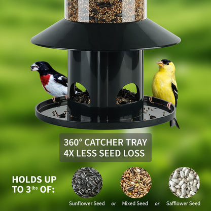 Squirrel Proof Bird Feeder - 360° Feeding Perch Tray for Outdoor Hanging Wild Bird Seeds, Dark