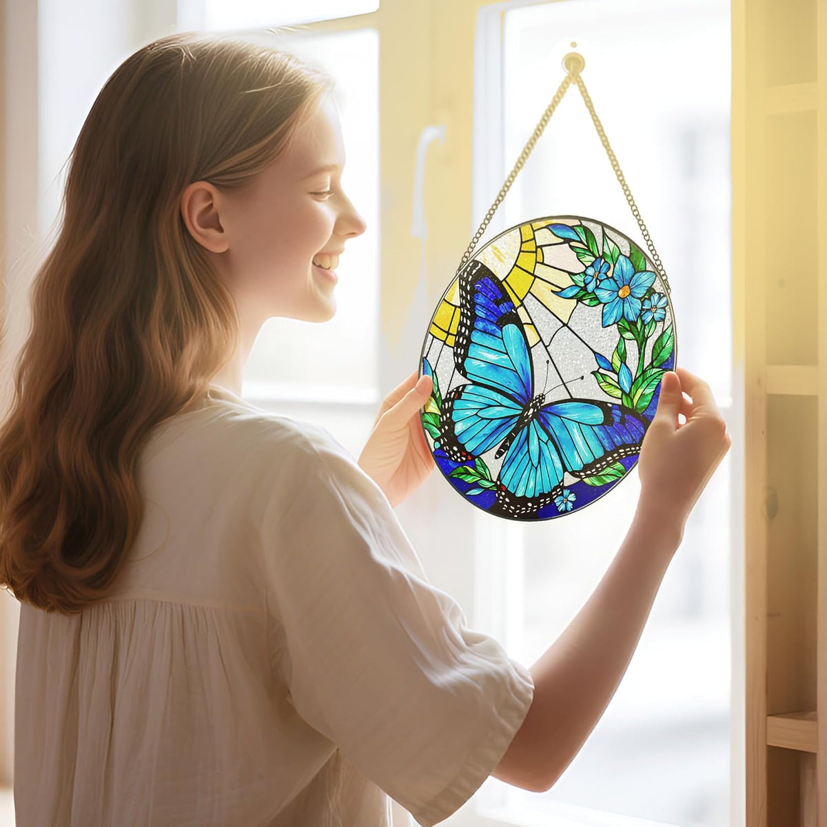Stained Glass Window Hanging, 8 Inch Sun Catchers Indoor Window, Butterfly Suncatchers for Windows