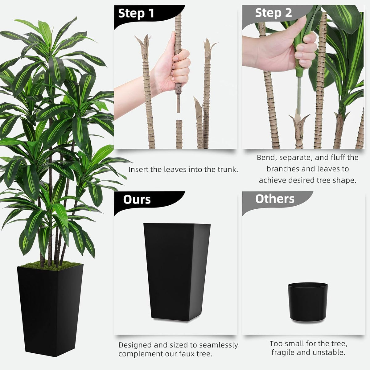 Artificial Dracaena Tree 6FT - Faux Tree with Black Tall Planter - Fake Tropical Yucca Floor Plant