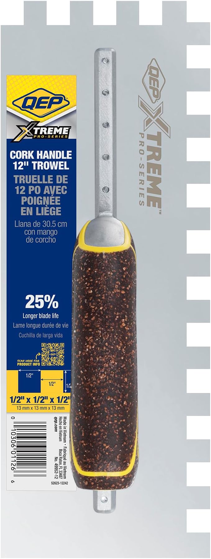 QEP Xtreme Cork Handle Stainless Steel Trowel Square Notch 1/2" x 1/2" x 1/2"