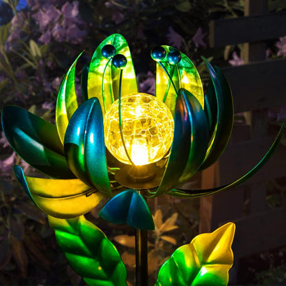 Solar Garden Lights Metal Flower Decor, Colorful Spinning Windmill Lotus Pathway Ligths with LED