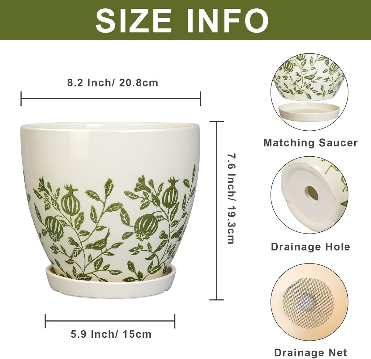 Ceramic Planter - 8.2 Inch Plant Pot for Indoor Outdoor Plants, Boho Round Ceramic Flower Pot with