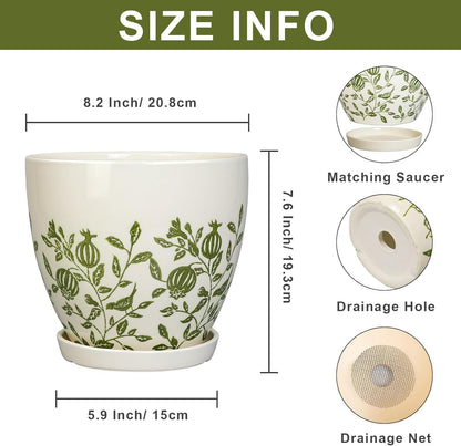 Ceramic Planter - 8.2 Inch Plant Pot for Indoor Outdoor Plants, Boho Round Ceramic Flower Pot with