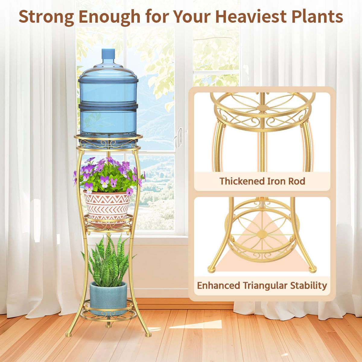 LASZOLA Gold 3 Tier Tall Plant Stand for Indoor Outdoor, Large Multiple Level Flower Planter Holder