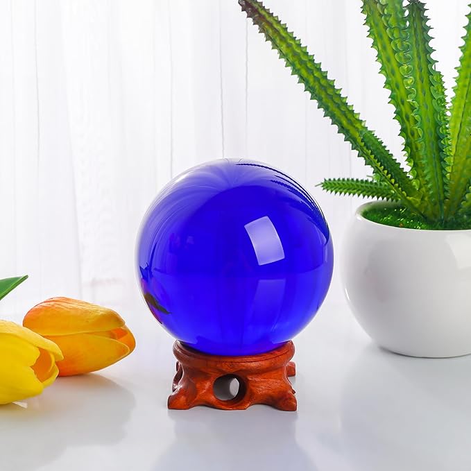 Modaier Dark Blue Crystal Ball 100mm/3.9 inch with Rose Wooden Stand and Gift Box for lensball