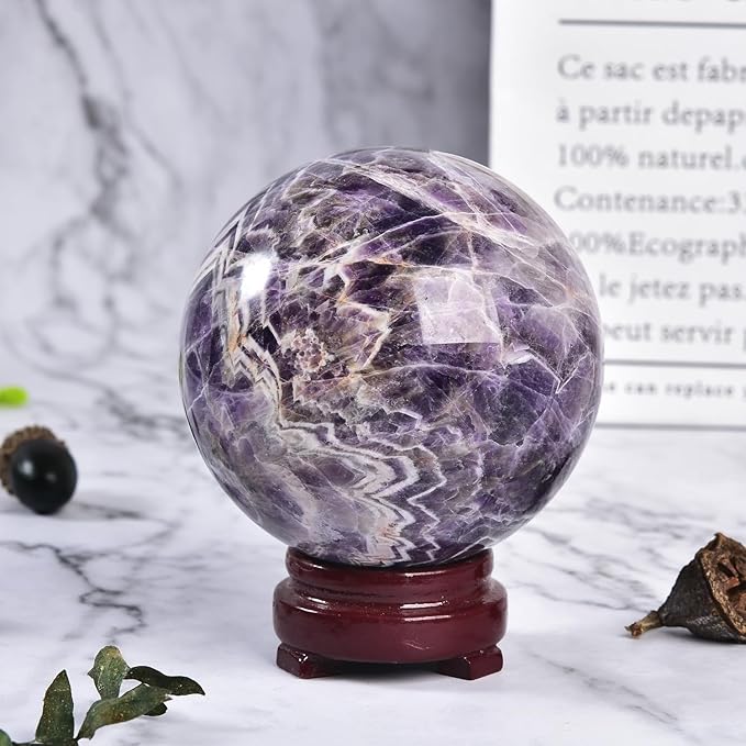 JIC Gem 3.1-3.5 inch(80-90mm) Large Crystal Ball Chevron Amethyst Healing Crystals Sphere with