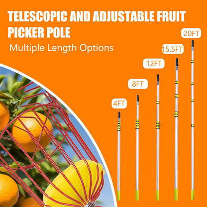 20FT Telescopic Fruit Picker With Wire Basket and Woven Basket,Adjustable Fruit Picker Pole With
