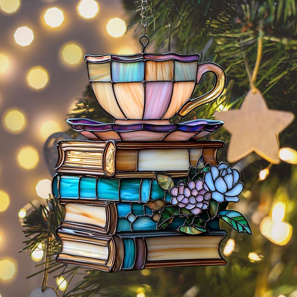 Flowers Book and Tea Acrylic Suncatcher Stained Glass Effect Window Car Hanging Christmas Ornament