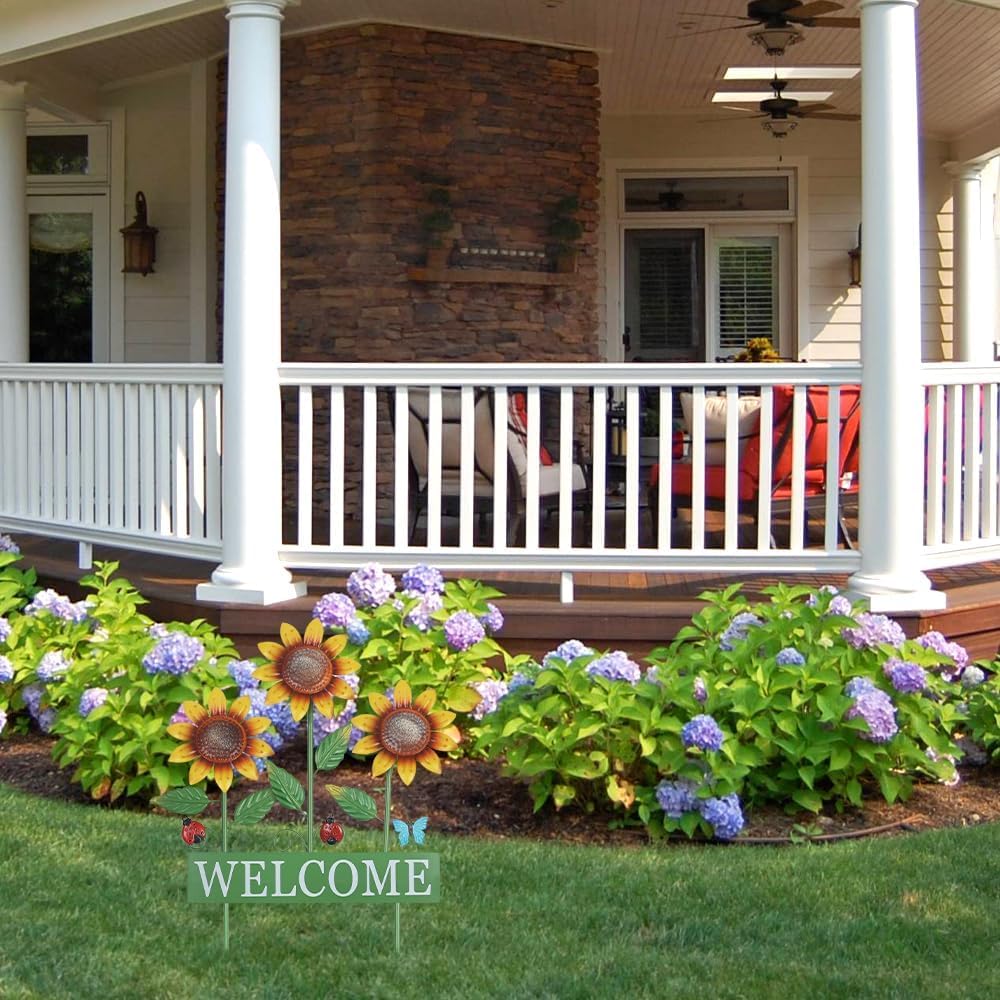 hogardeck Garden Decor for Outside, Metal Sunflower Butterfly Decorative Garden Stakes for Spring