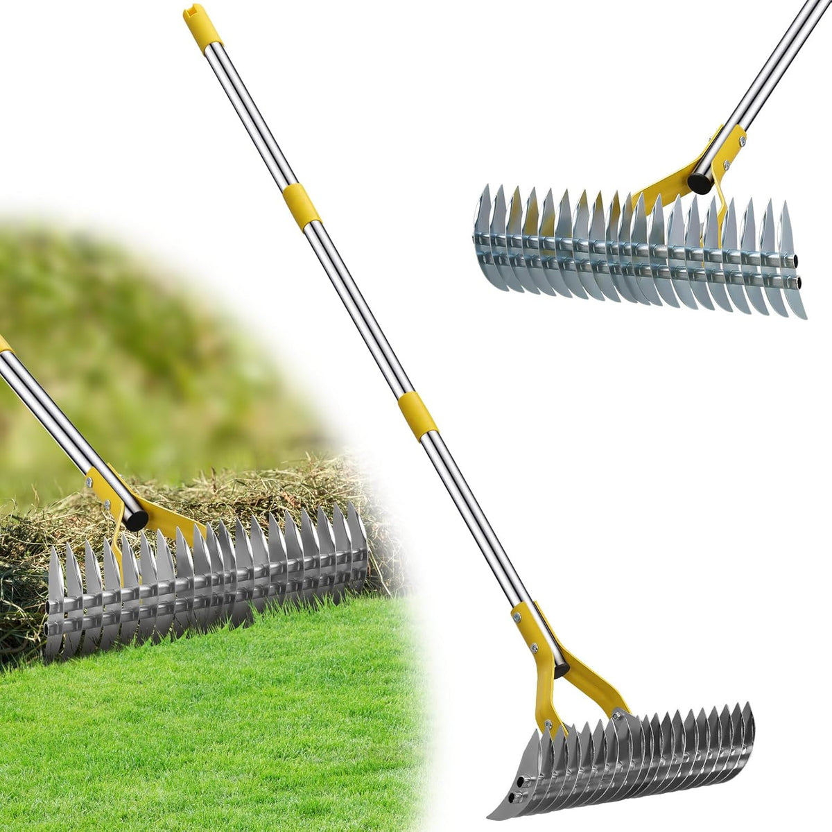 Garden Leaf Rake: Dual Function Thatching Rake for Lawn Dead Grass Leaves, Stainless Steel Heavy