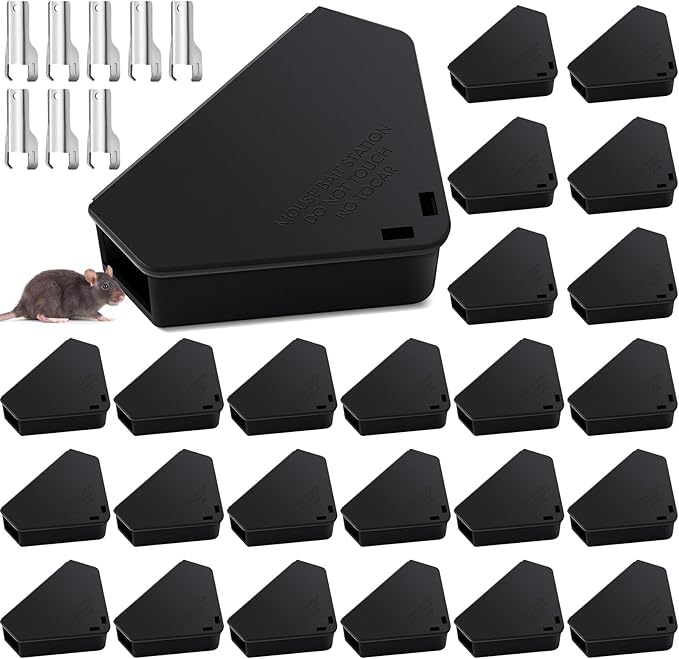 Qualirey 24 Pcs Mice Station with Key Triangle Bait Station Reusable Rodent Trap Box, Keeps