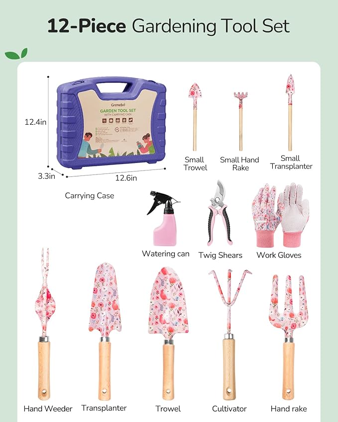 12-Piece Womens Gardening Tools Gift Set, Rust-Proof & Heavy-Duty Garden Tools with Durable