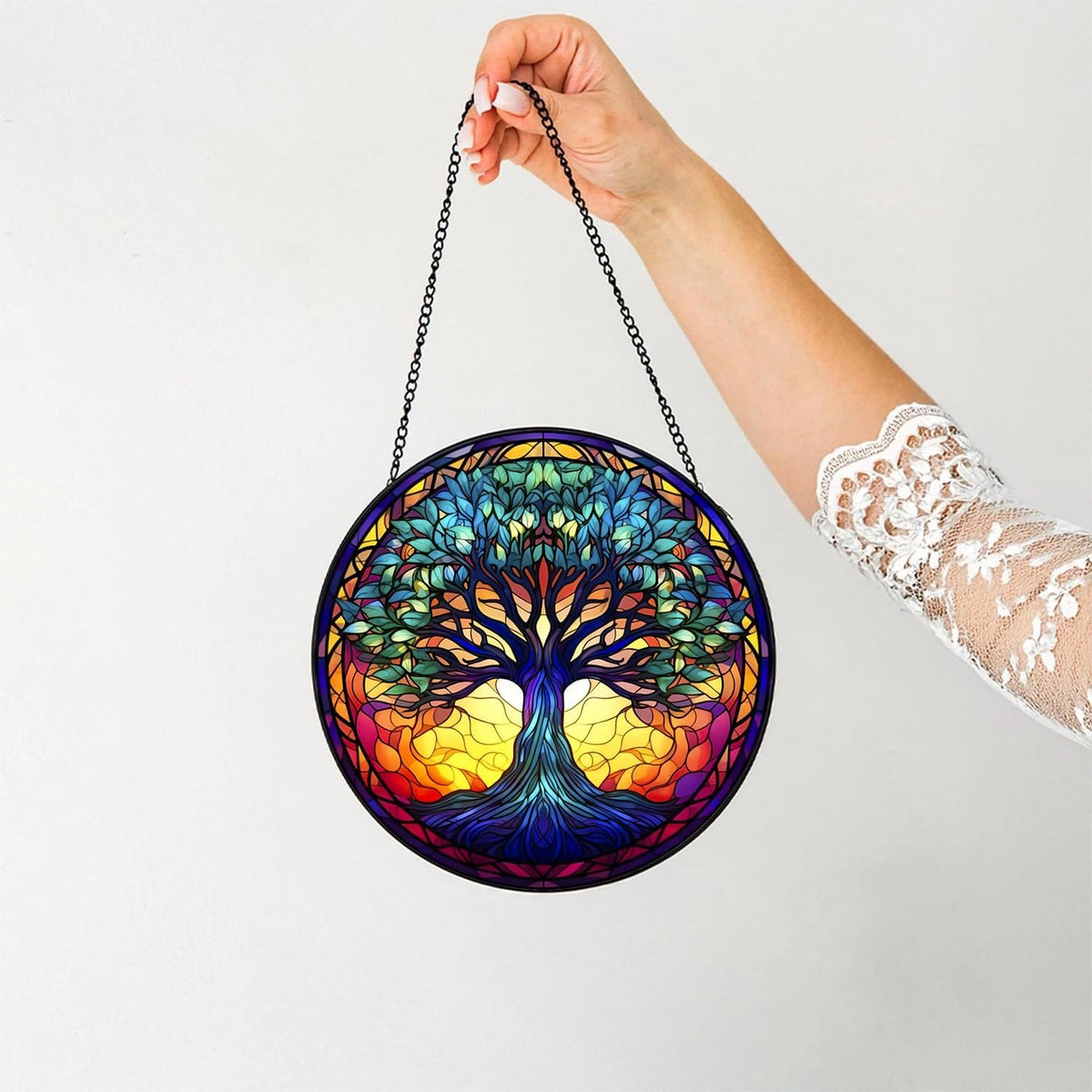Tree of Life Suncatcher -7.9 in Stained Glass Window Hanging Catcher Garden Decor