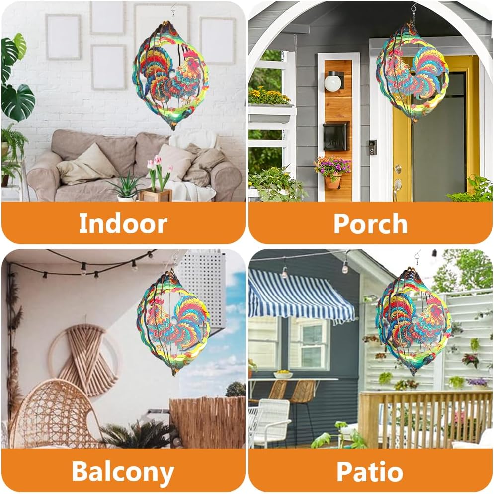 Rooster Wind Spinner, 3D Hanging Stainless Steel Garden Spinner, Wind Spinner Hanging for Outdoor &